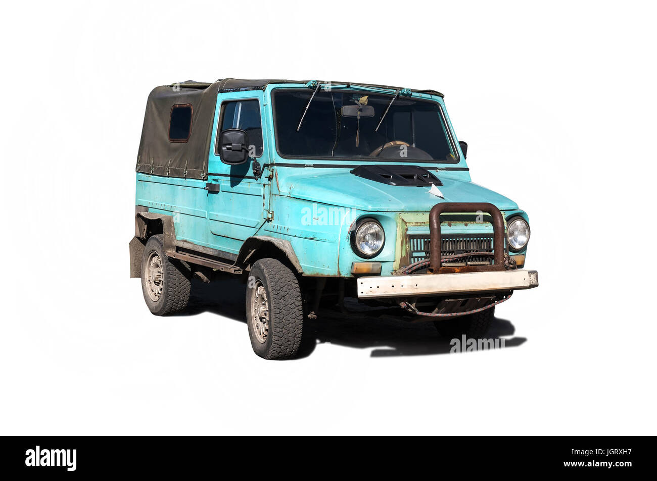 Blue subcompact Soviet old-timer car isolated on white background. Old Soviet Russian jeep Stock Photo