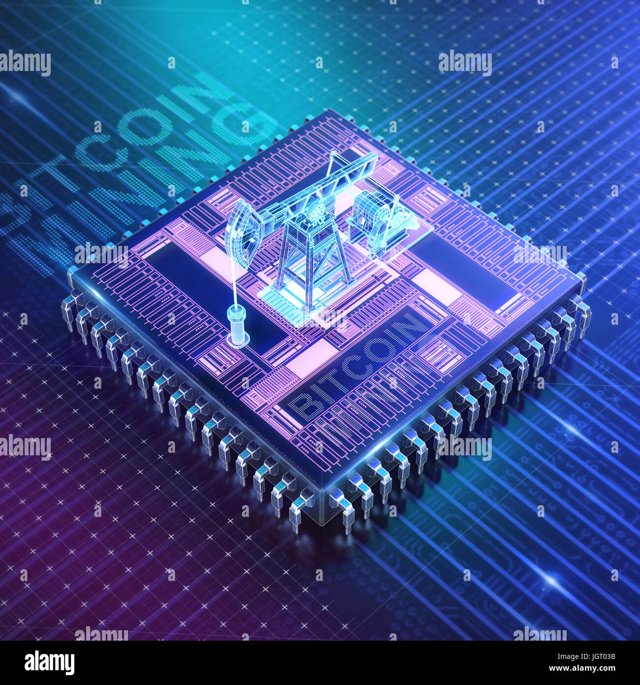 abstract cyber space with asic chip and oil pumpjack. Blockchain Cryptocurrency  Mining Concept. 3D Illustration Stock Photo - Alamy