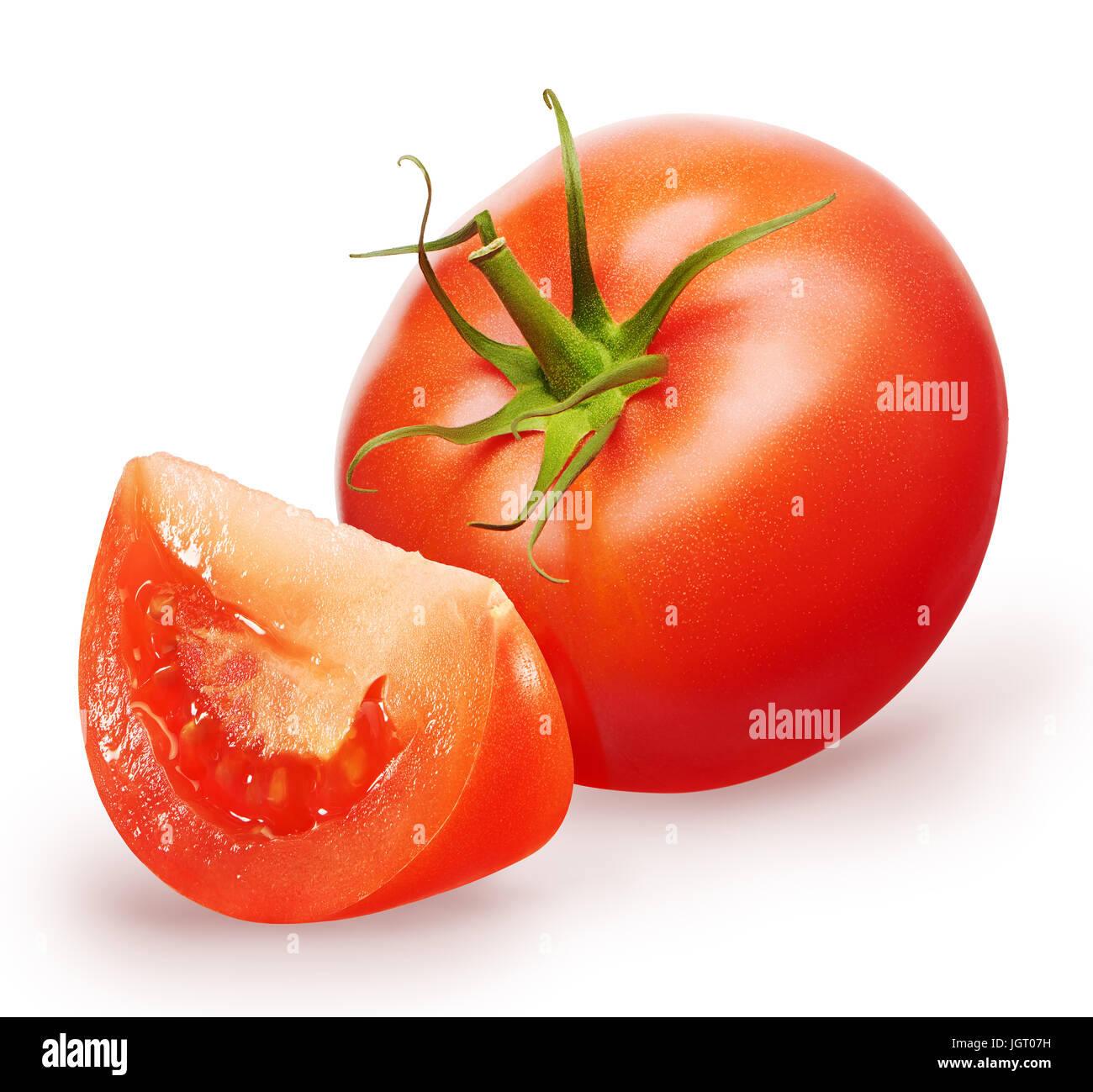 Whole fresh red tomato with green leaf and slice isolated on white ...