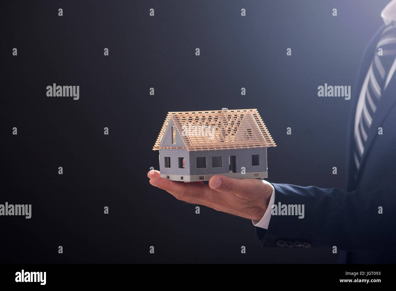 Businessman Holding Model House In Palm Of Hand Stock Photo - Alamy