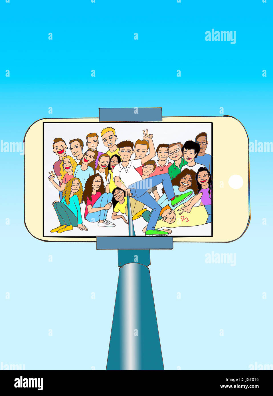 Group of young people taking a selfie. Illustration. Stock Photo