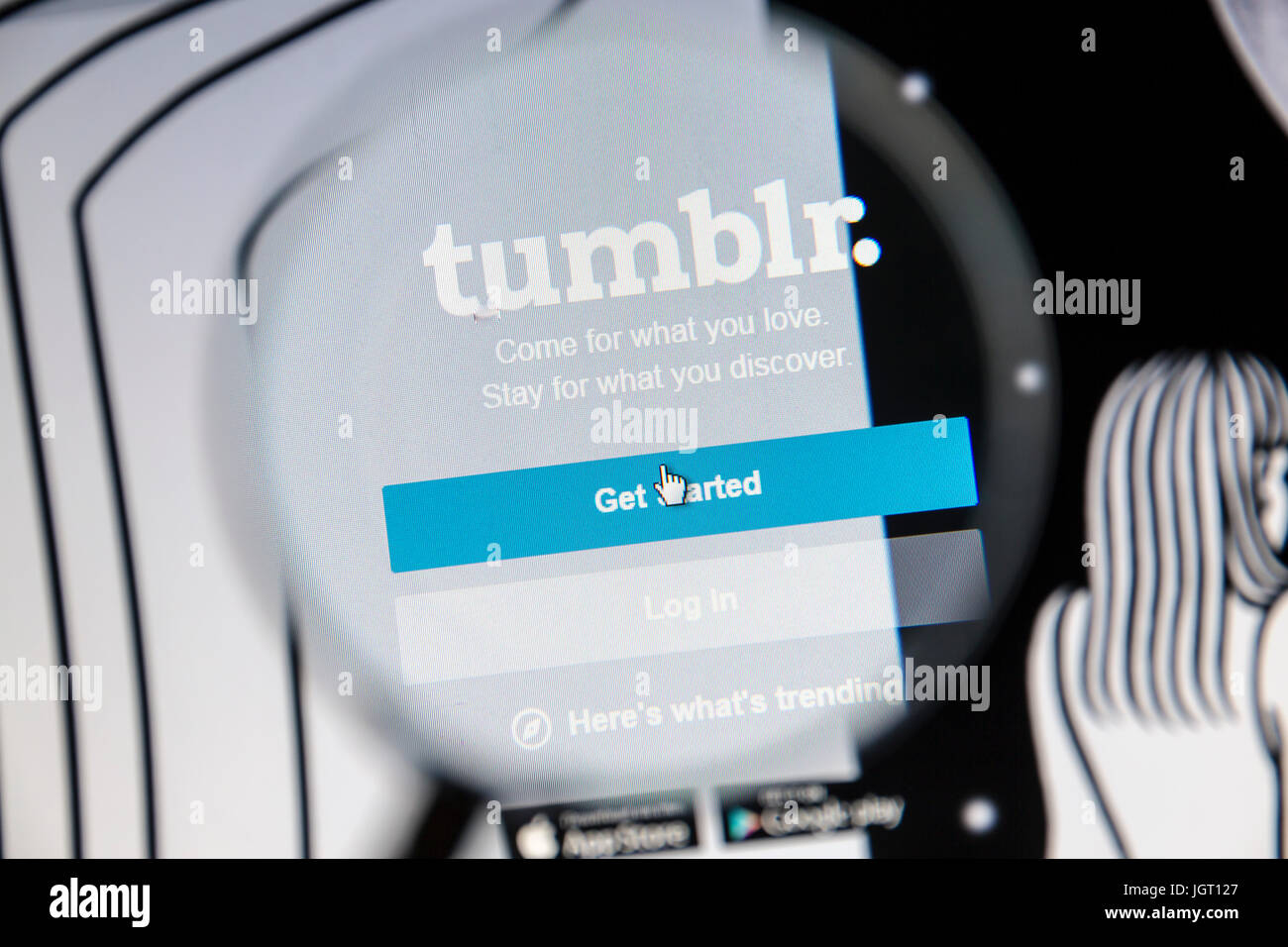 Tumblr website under a magnifying glass. Tumblr is a microblogging platform and social networking website. Stock Photo