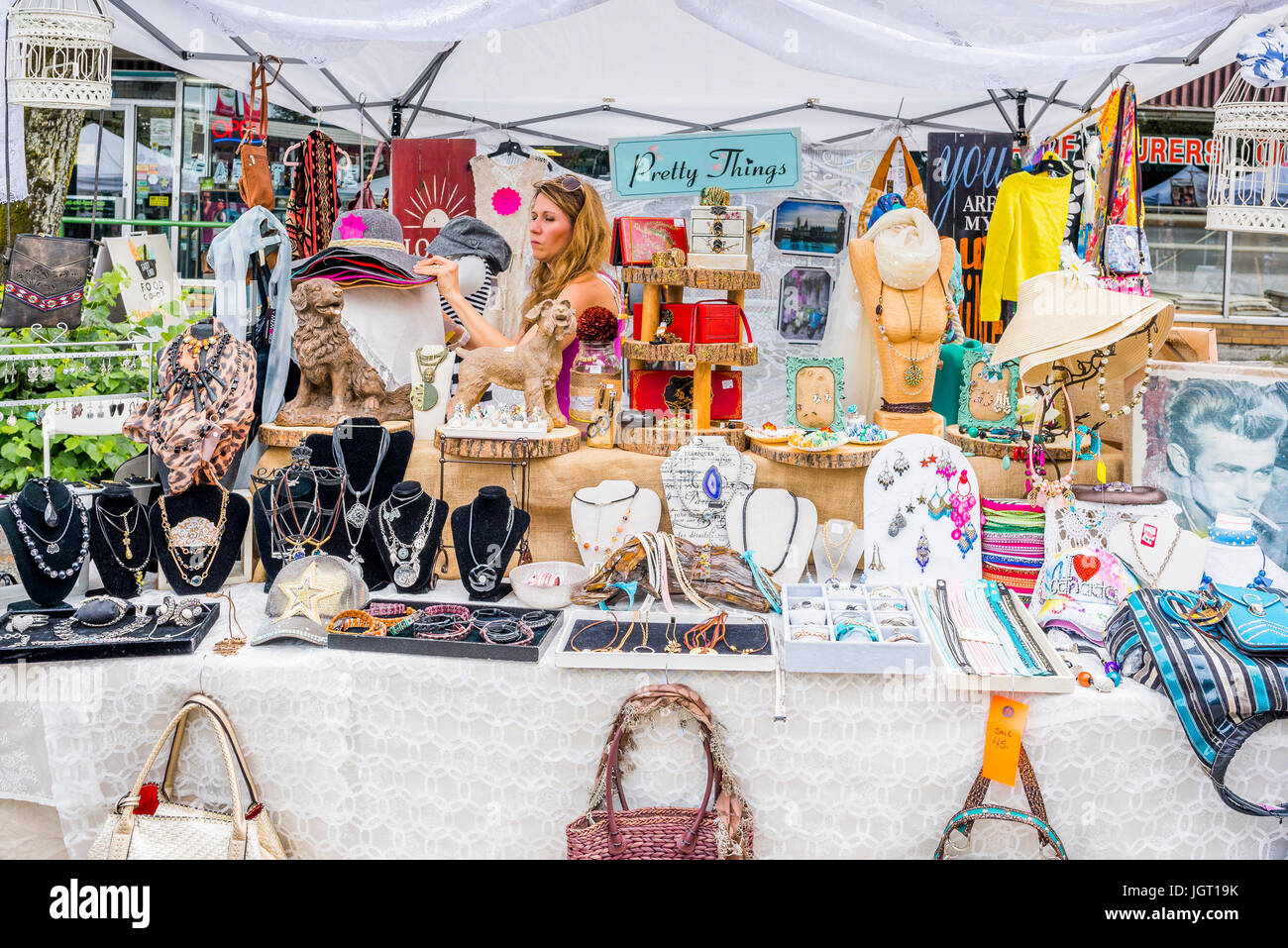 Jewellery vendor, Car Free Day, Commercial Drive, Vancouver, British Columbia, Canada. Stock Photo