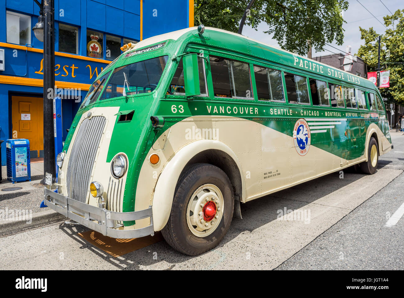 Vintage Pacific Stage Lines Hayes Tear Drop Bus, Car Free Day, Commercial Drive, Vancouver, British Columbia, Canada. Stock Photo