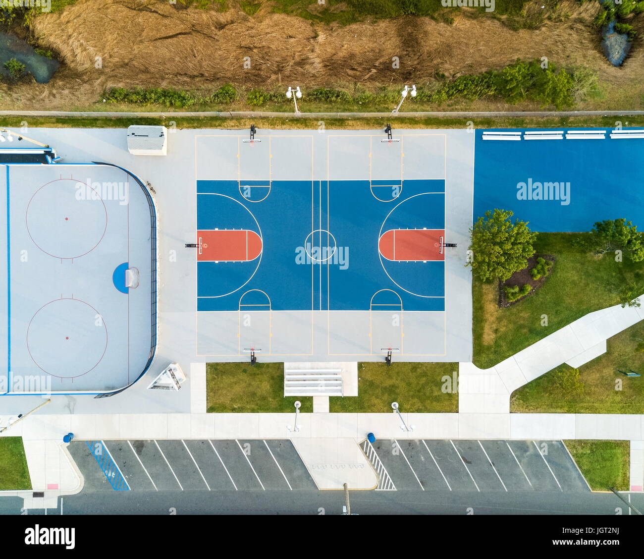 Aerial view of a basketball court with sunset soft light Stock Photo