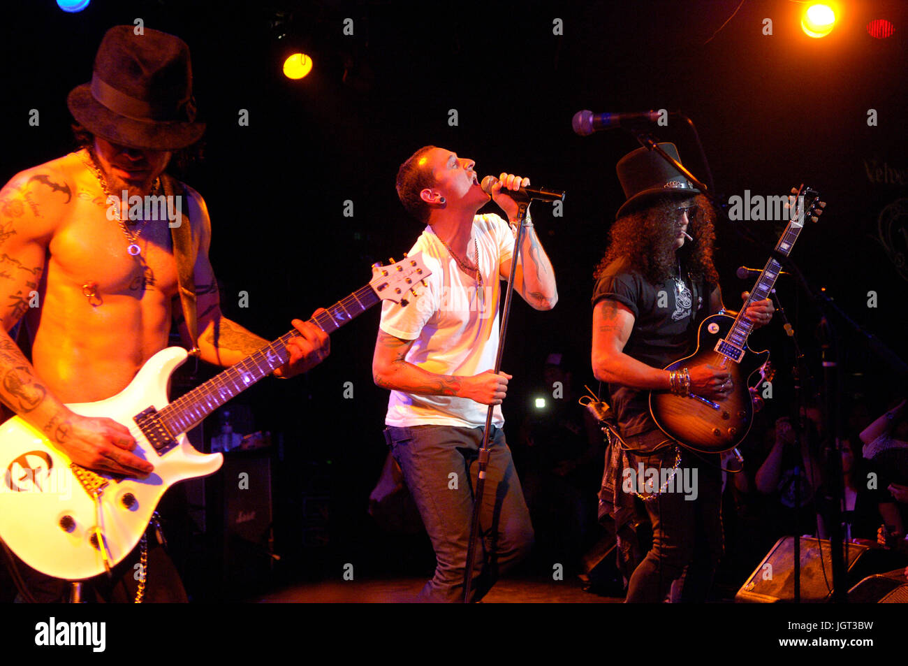 (L-R) Dave Navarro,Chester Bennington Linkin Park Slash performing Camp Freddy Roxy West Hollywood. Stock Photo