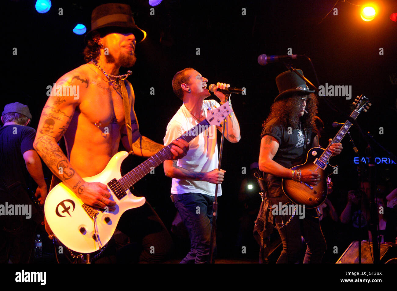 (L-R) Dave Navarro,Chester Bennington Linkin Park Slash performing Camp Freddy Roxy West Hollywood. Stock Photo