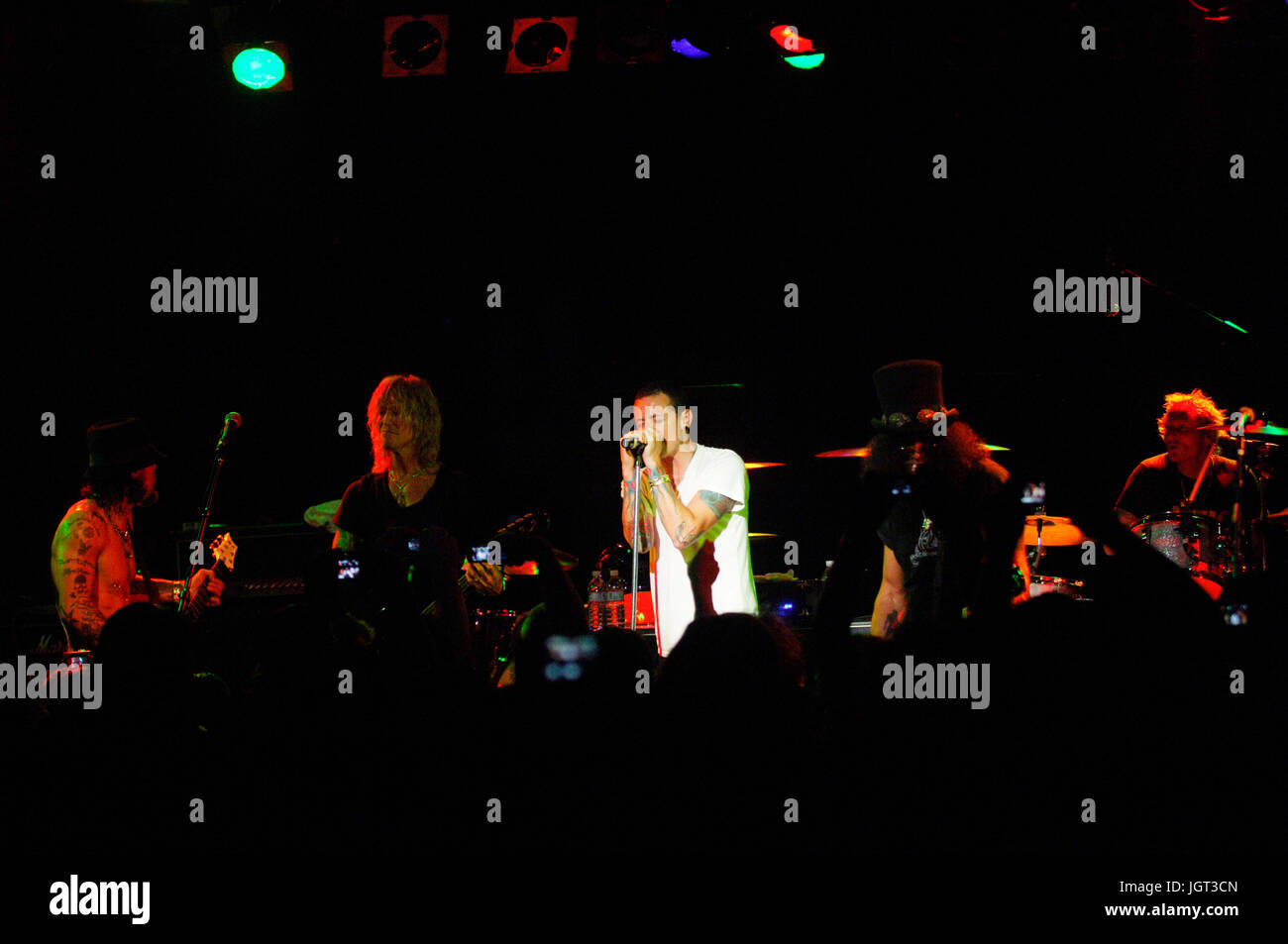(L-R) Dave Navarro,Duff Mckagan,Chester Bennington Linkin Park,Slash performing Camp Freddy Roxy West Hollywood. Stock Photo