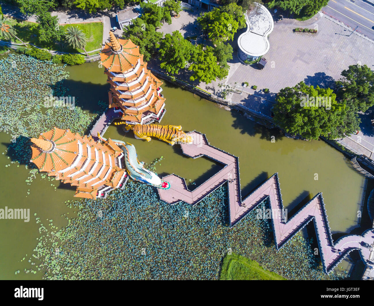 aerial view of Dragon and Tiger Pagodas in Lotus Pond, Kaohsiung .Taiwan Stock Photo