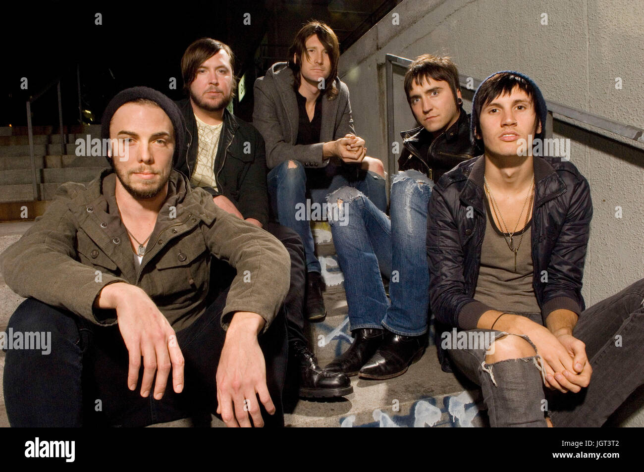 (L-R) Exclusive portrait shoot of Deon Rexroat,Joey Milligan,Stephen Christian,Christian McAlhaney,Nate Young of Anberlin at the Wiltern in Los Angeles, CA. Stock Photo