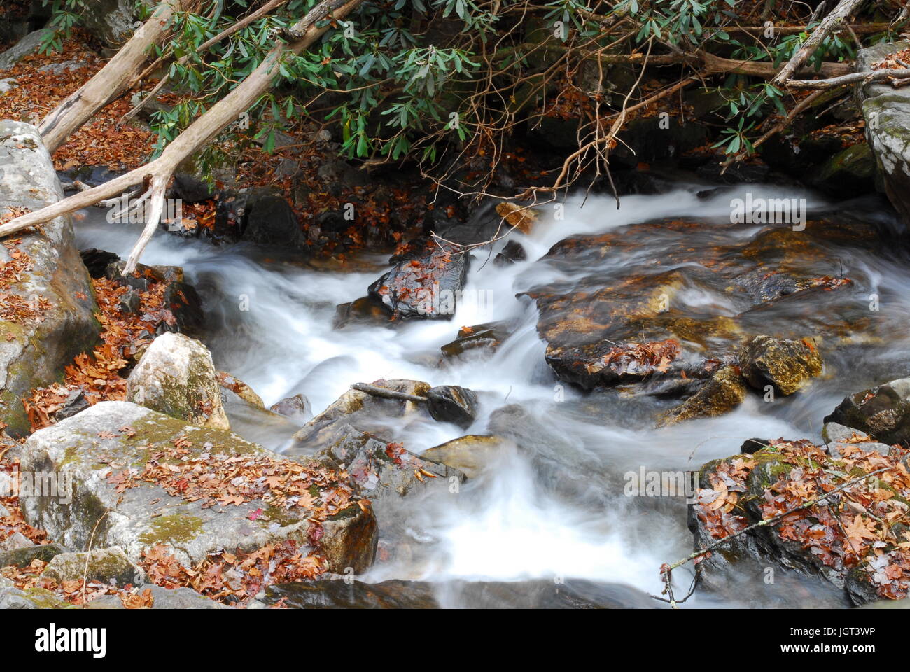 water flowing thru rocks in the mountains Stock Photo