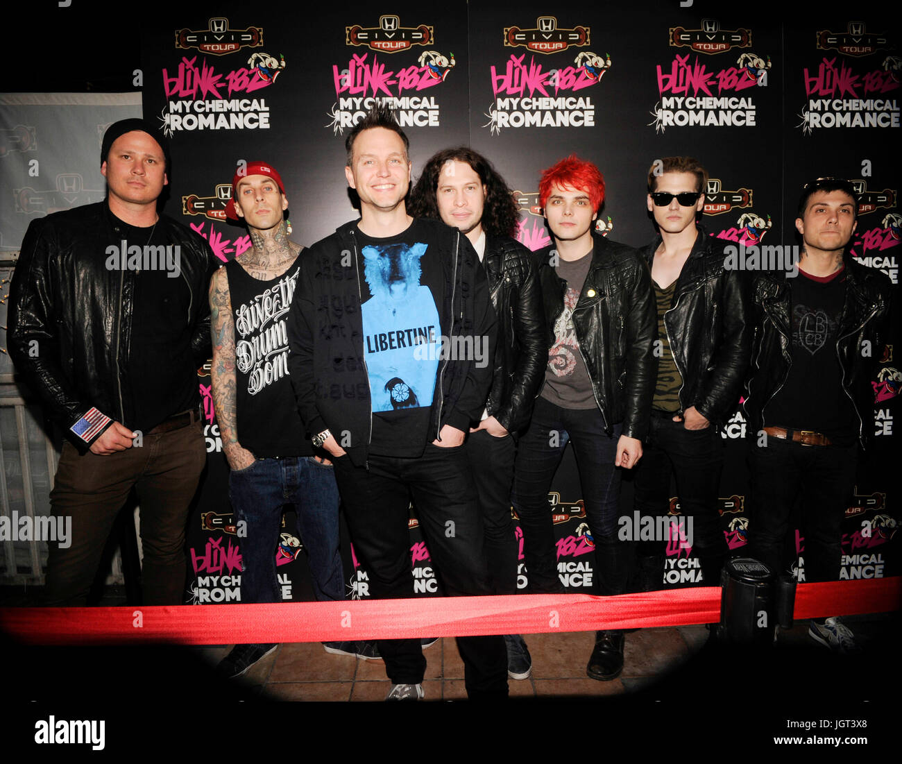 (L-R) Musicians Tom DeLonge,Travis Barker,Mark Hoppus blink-182,Ray Toro,Gerard Way,Mikey Way Frank Iero My Chemical Romance attend blink-182 My Chemical Romance 2011 Honda Civic Tour Announcement Event Rainbow Bar & Grill May 23,2011 Los Angeles,California. Stock Photo
