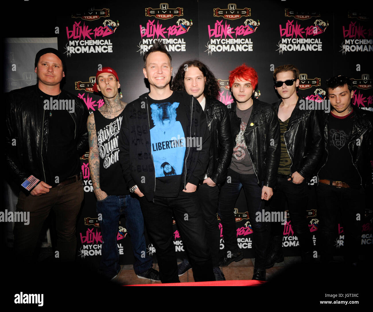 (L-R) Musicians Tom DeLonge,Travis Barker,Mark Hoppus blink-182,Ray Toro,Gerard Way,Mikey Way Frank Iero My Chemical Romance attend blink-182 My Chemical Romance 2011 Honda Civic Tour Announcement Event Rainbow Bar & Grill May 23,2011 Los Angeles,California. Stock Photo