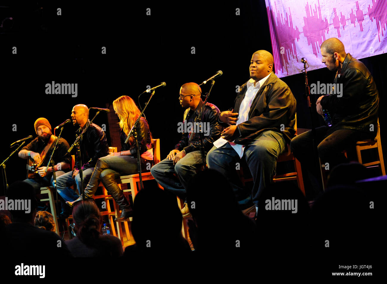 (L-R) Zac Brown,Common,Colbie Caillat,Nas,Salaam Remi,Sebastian Krys stage BMI 'How I Wrote That Song' Panel House Blues Sunset West Hollywood. Stock Photo