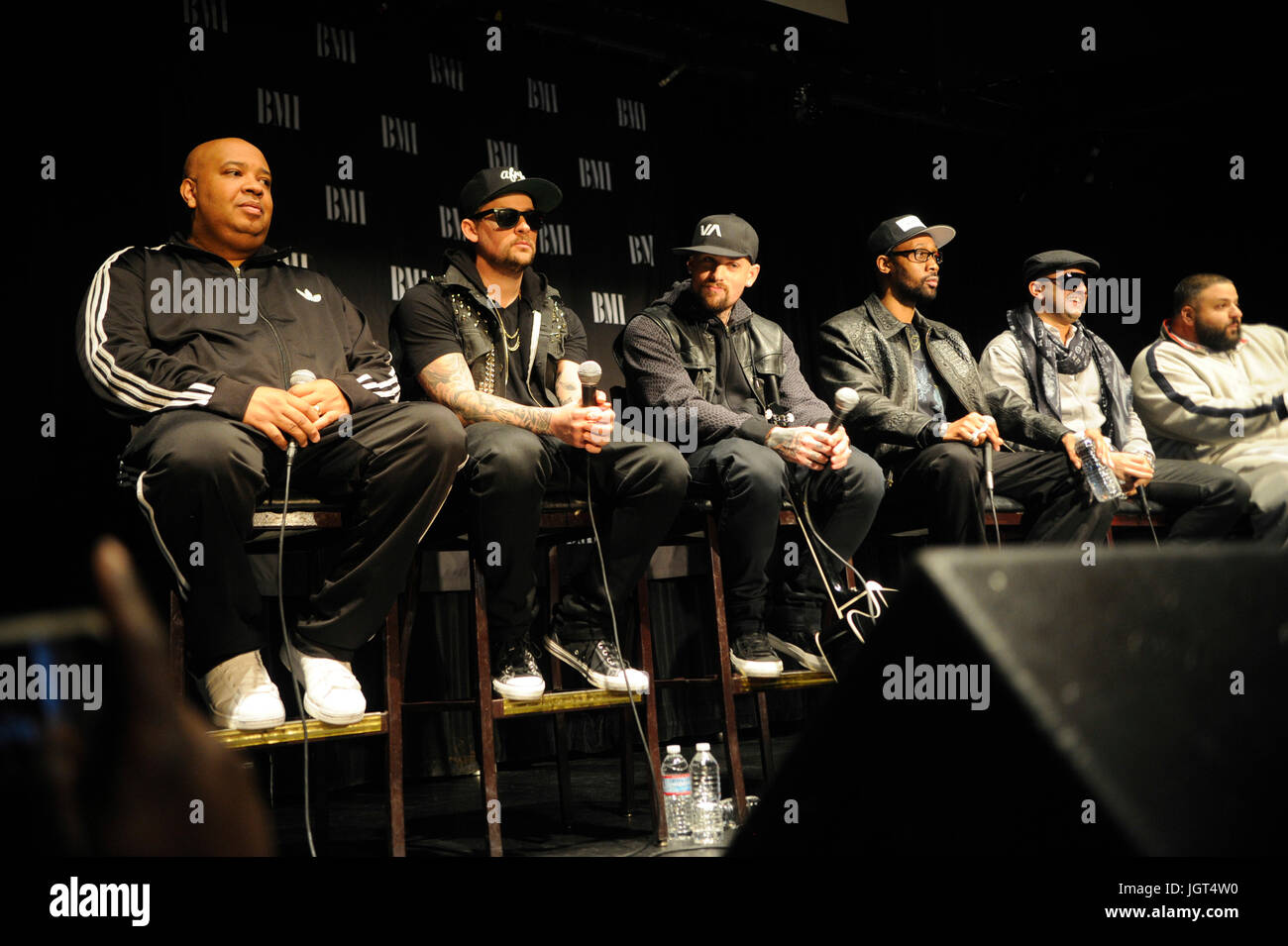 (L-R) Rev Run,Joel Madden,Benjamin (Benji) Madden,RZA,RedOne,DJ Khaled attend BMI GRAMMY® Panel 'How I Wrote That Song' Key Club February 11,2012 West Hollywood. Stock Photo