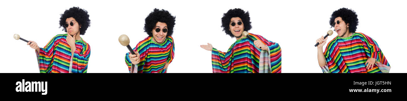 Funny mexican wearing poncho with maracas isolated on white Stock Photo