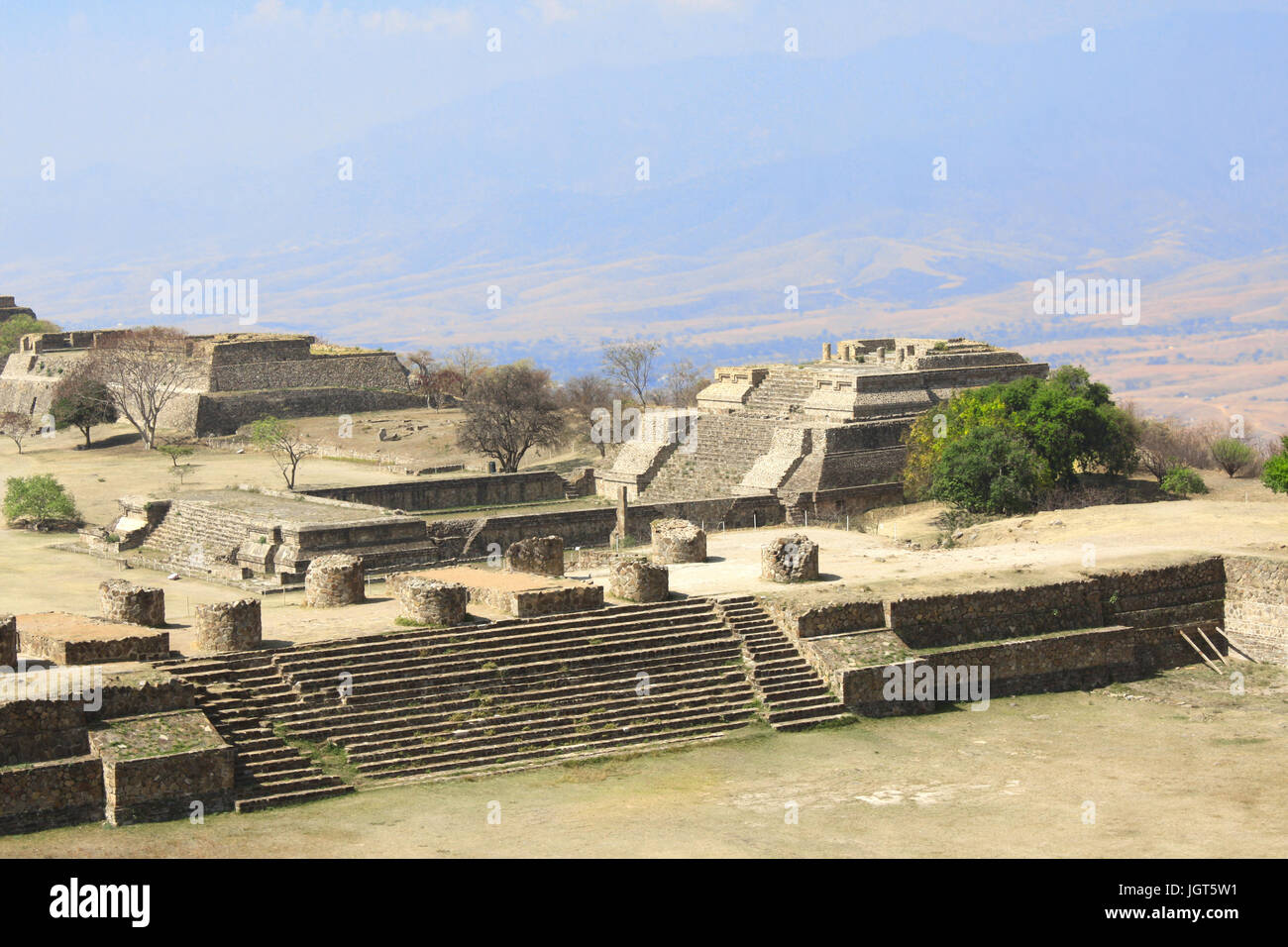 Top view on ruins of Mayan pyramids in sacred site Monte Alban, Oaxaca, Mexico, North America. UNESCO world heritage site Stock Photo
