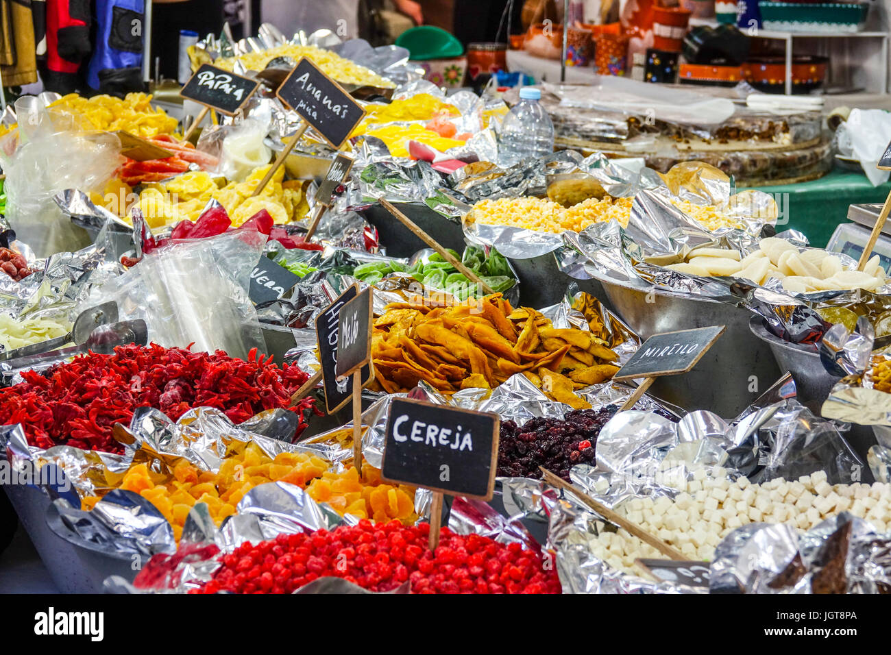 Big choice of nuts and fruits on a market for Portuguese specialties in