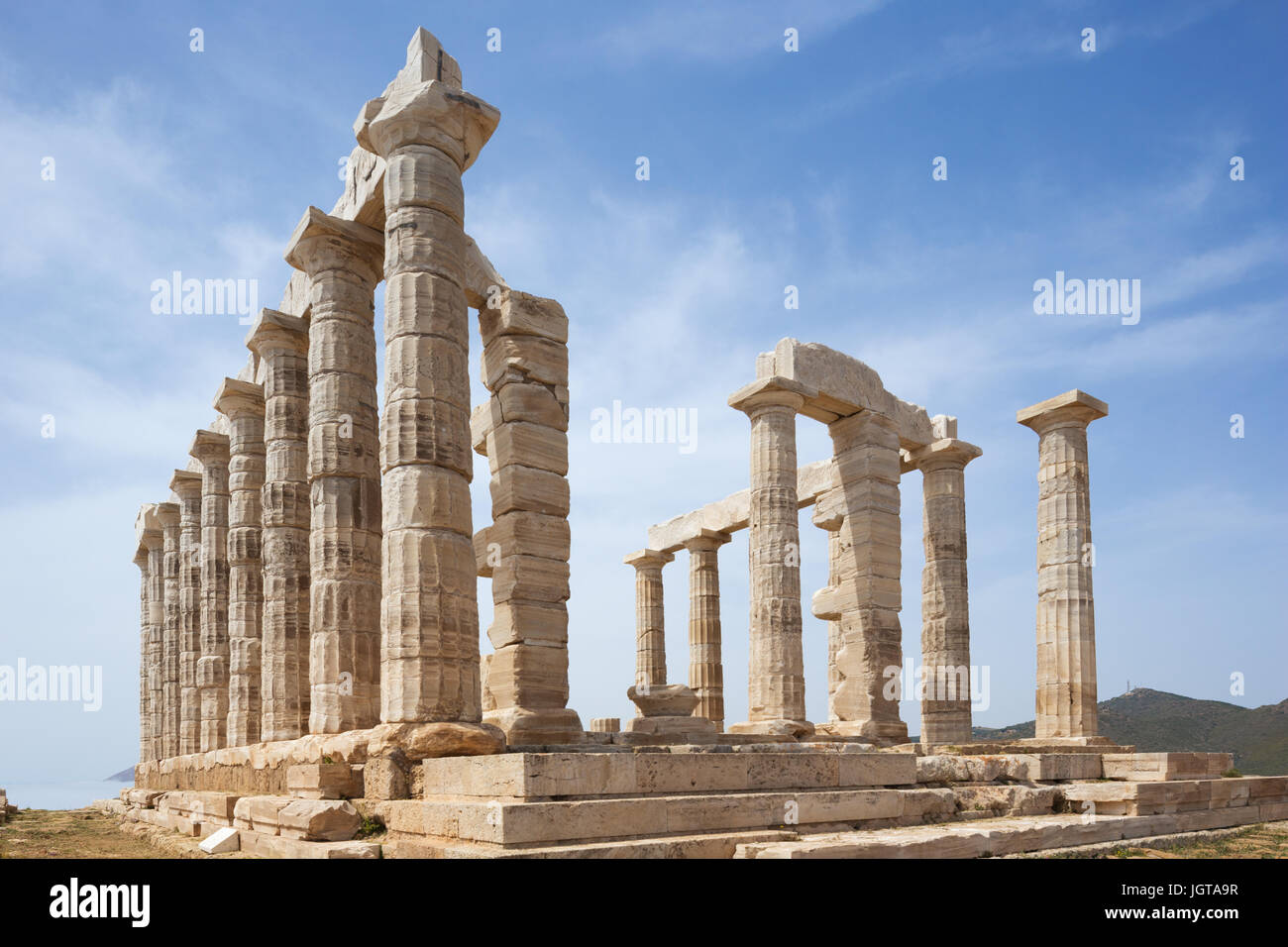 View of the Poseidon temple from a corner of the stylobate at Cape Sounion Stock Photo