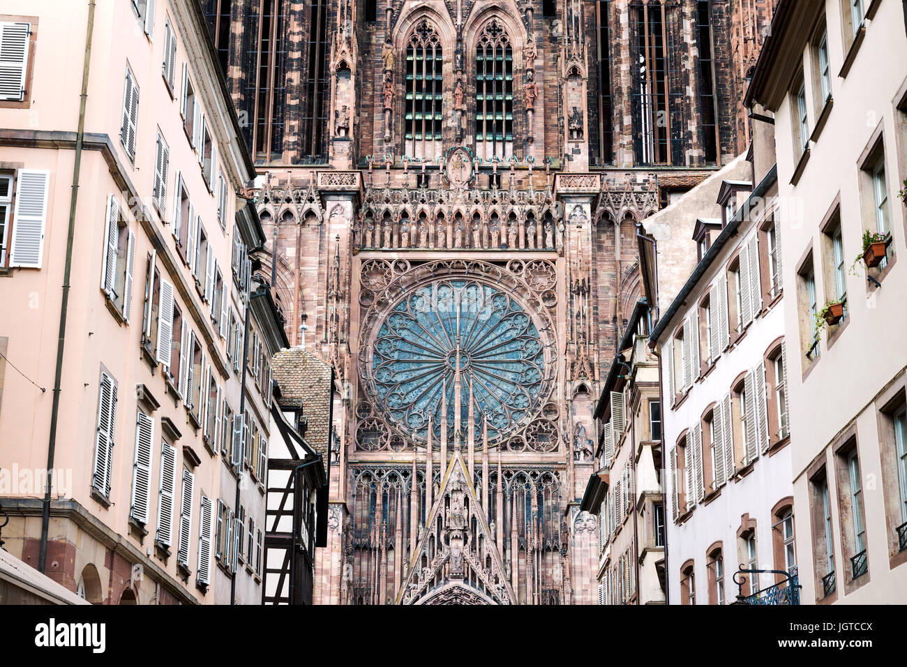 Notre Dame cathedral detail and old town buildings in Strasbourg, France Stock Photo