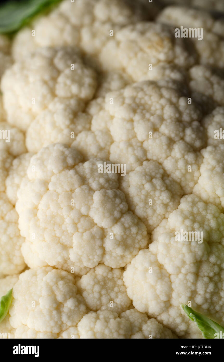 Close up (macro) of a fresh, raw cauliflower with florets intact and green leaves visible. Stock Photo