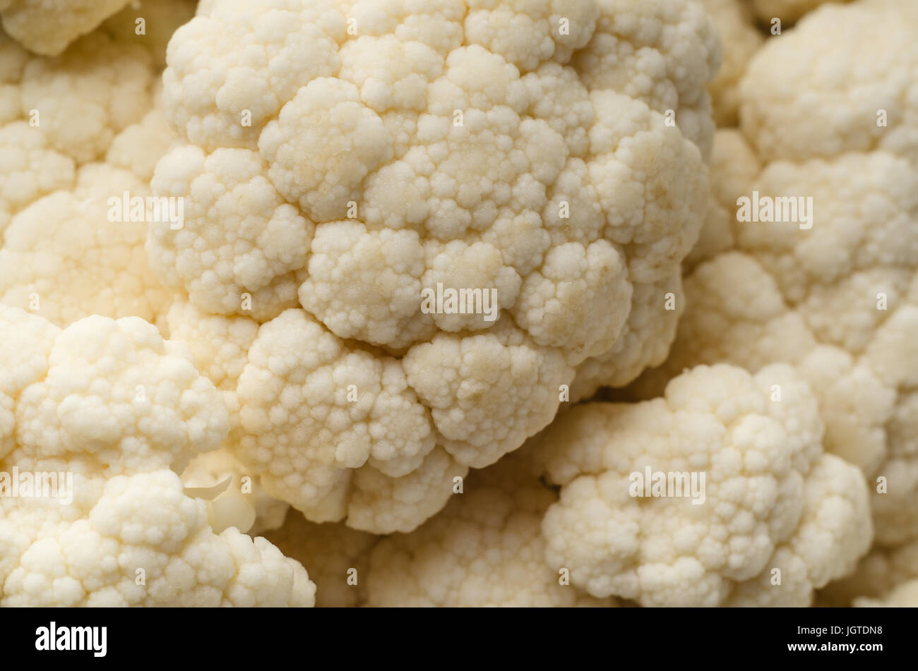 Close up (macro) of a head of cauliflower florets, filling frame with texture. Stock Photo