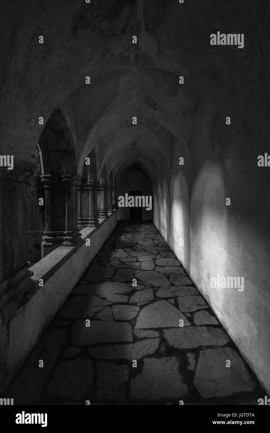 Black and white photo of a cloister, lit by moonlight, in an abbey in Killarney National Park, Ireland. Stock Photo