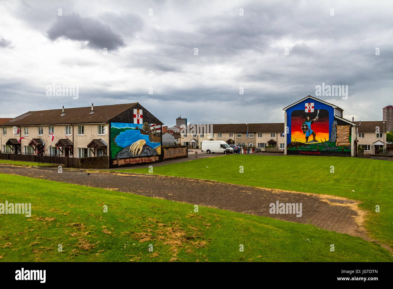 Murals depicting the Ulster Banner in a loyalist neighborhood in Belfast, Northern Ireland. Stock Photo