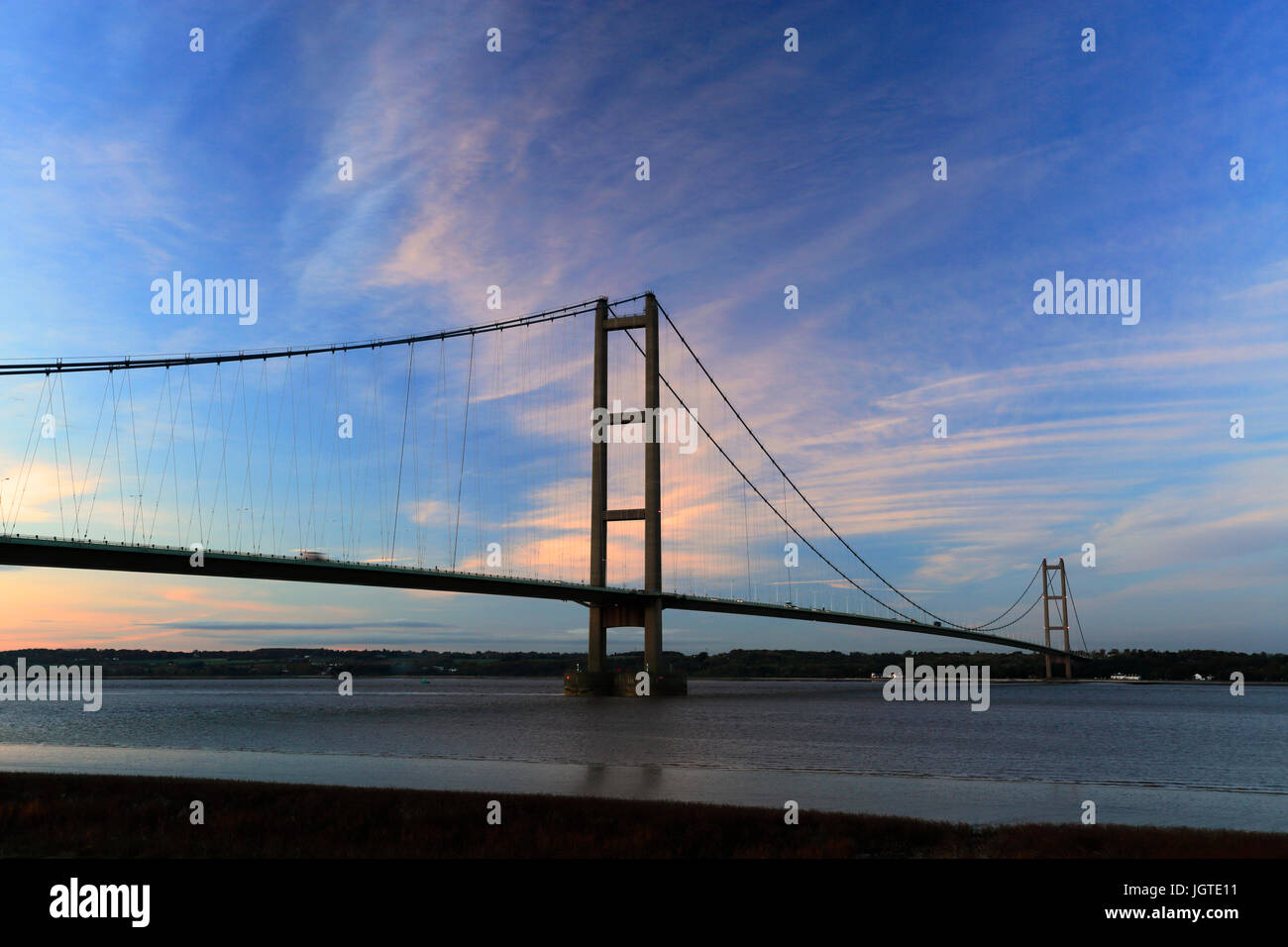 Humber Bridge at night, from Barton-upon-Humber village side, East Riding of Yorkshire, England Stock Photo