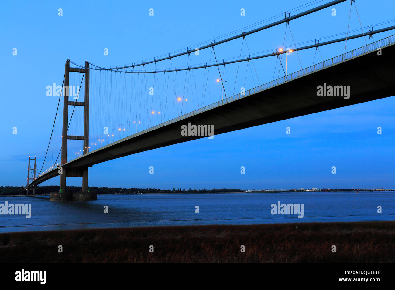 Humber Bridge at night, from BartonuponHumber village side, East