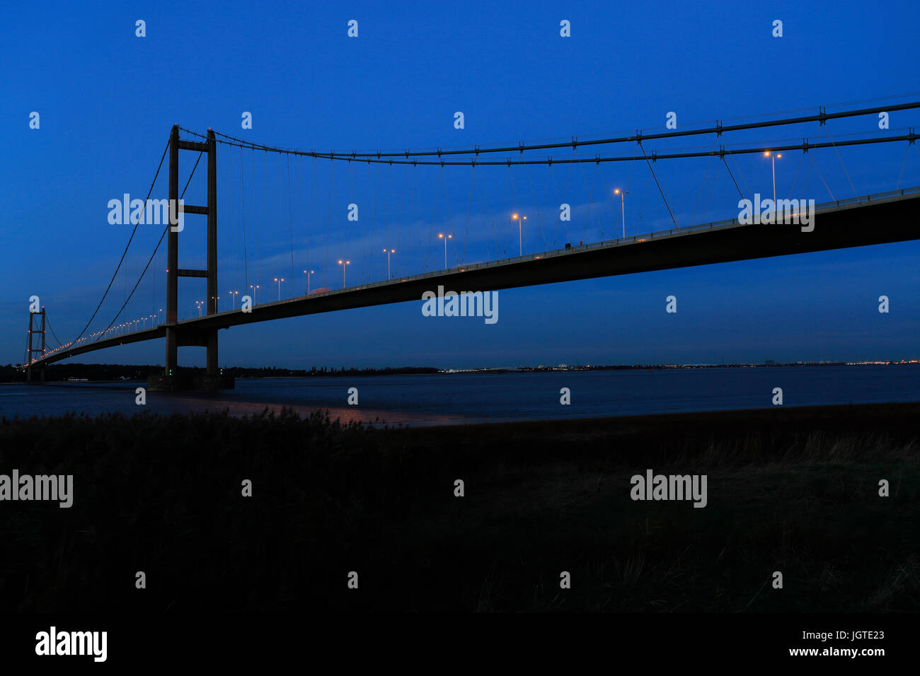 Humber Bridge at night, from BartonuponHumber village side, East