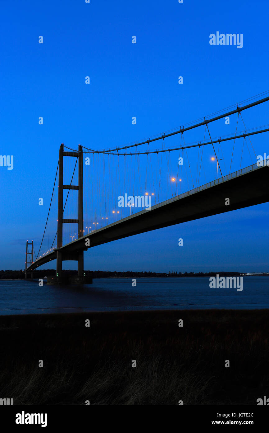 Humber Bridge at night, from BartonuponHumber village side, East