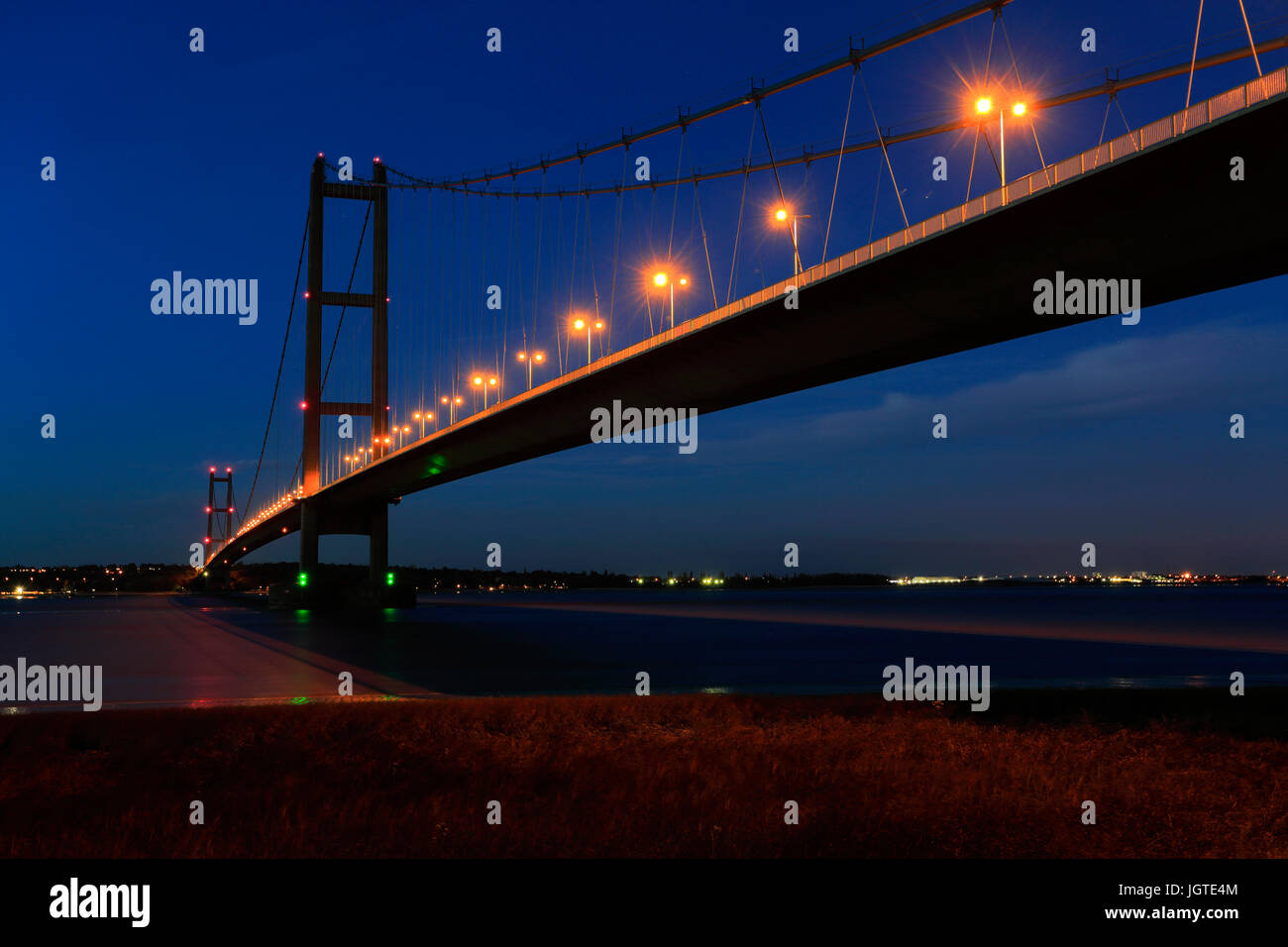 Humber Bridge at night, from BartonuponHumber village side, East