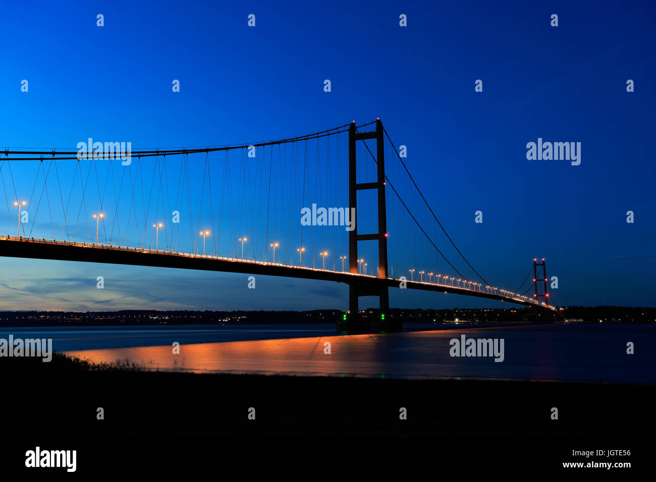 Humber Bridge at night, from BartonuponHumber village side, East