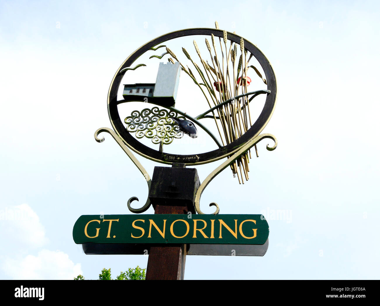 Gt. Snoring, Great Snoring, village, sign, bizarre English village name, names, Norfolk, England, UK. Stock Photo
