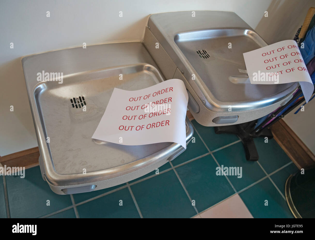 Out of order sign on a public water fountain after water main break. Stock Photo