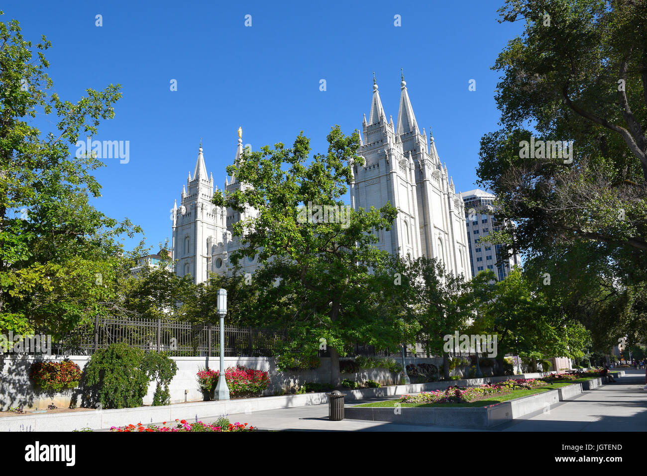 SALT LAKE CITY, UTAH - JUNE 28, 2017: Salt Lake Temple. Built between 1853 and 1893 the temple serves members with sacred ordinances like baptisms and Stock Photo