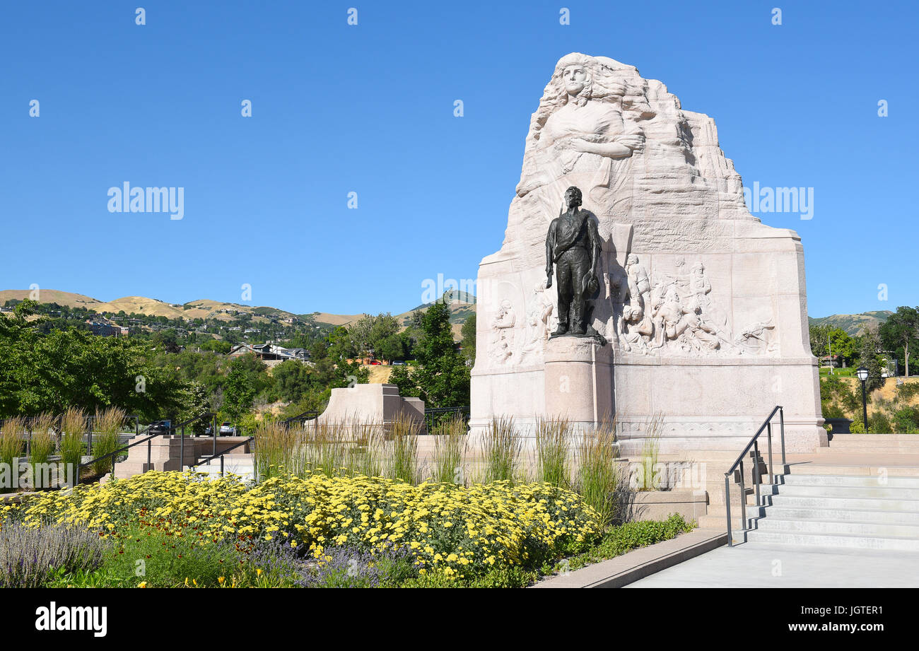 SALT LAKE CITY, UTAH - JUNE 28, 2017: Mormon Battalion Monument. The monument commemorates the 500 Mormon volunteers who joined the U.S. Army during t Stock Photo