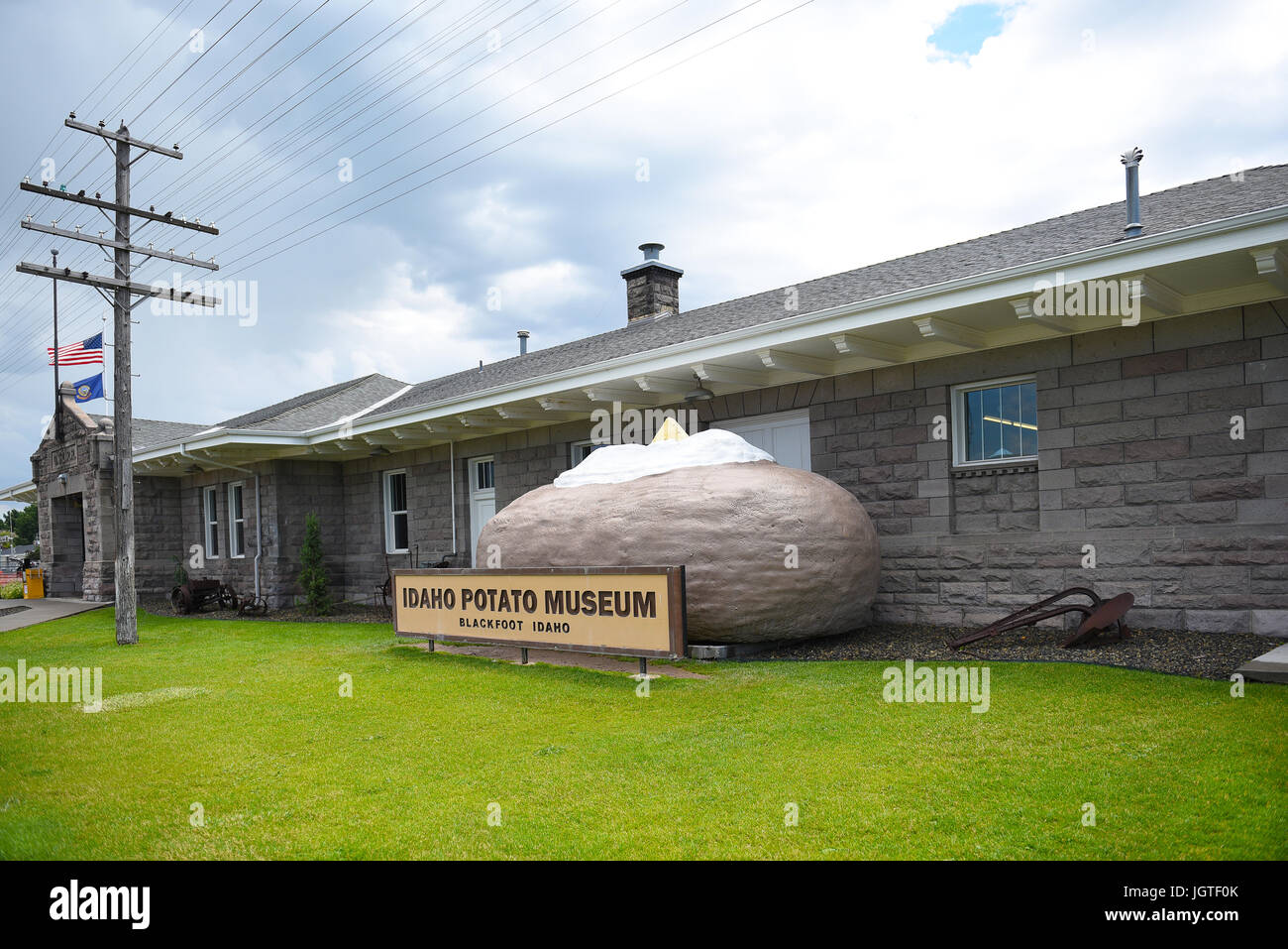 BLACKFOOT, IDAHO, JUNE 28, 2017: Giant Baked Potato at the Idaho Potato Museum. The museum is housed in the historic Oregon Short Line Railroad Depot. Stock Photo