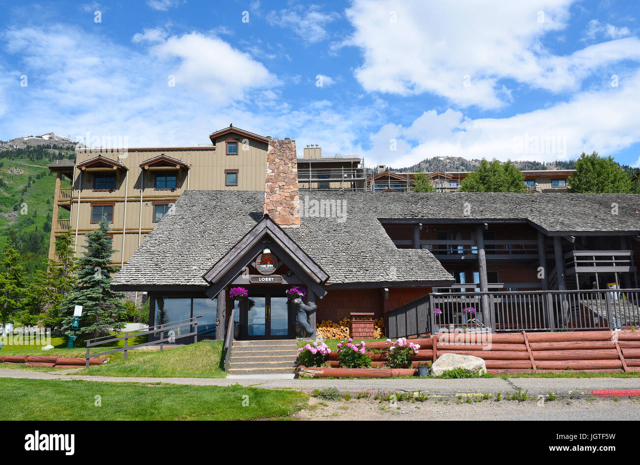 JACKSON HOLE, WYOMING - JUNE 27, 2017: The Inn at Jackson Hole. Ideally located at the base of Jackson Hole Mountain Resort with easy access to the mo Stock Photo