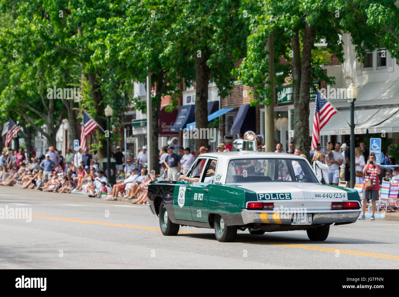vintage 1960s NY State Police car in the annual Southampton Fourth of July parade in Southampton, Ny Stock Photo