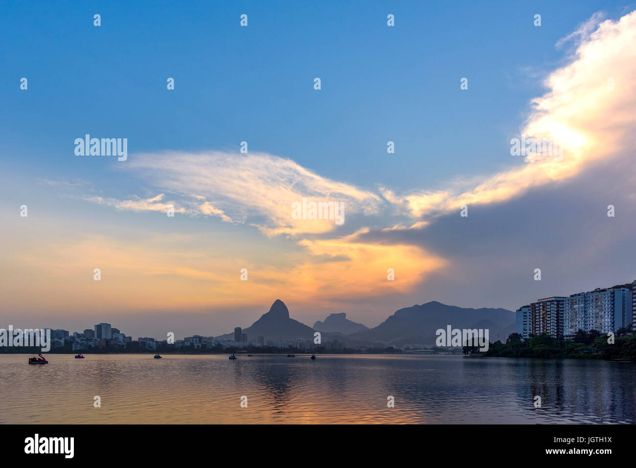 Famous landscape of Rio de Janeiro with the Rodrigo de Freitas Lagoon, Two Brothers Hill and Stone Gavea Stock Photo