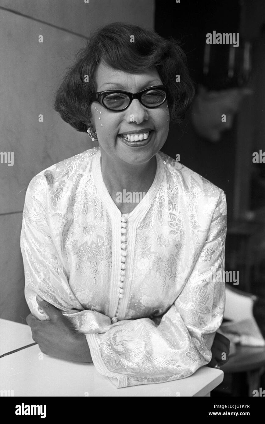 Josephine Baker, 61, the international cabaret star, gives a Press conference at the Savoy Hotel in London, where she is topping the bill in cabaret. Stock Photo