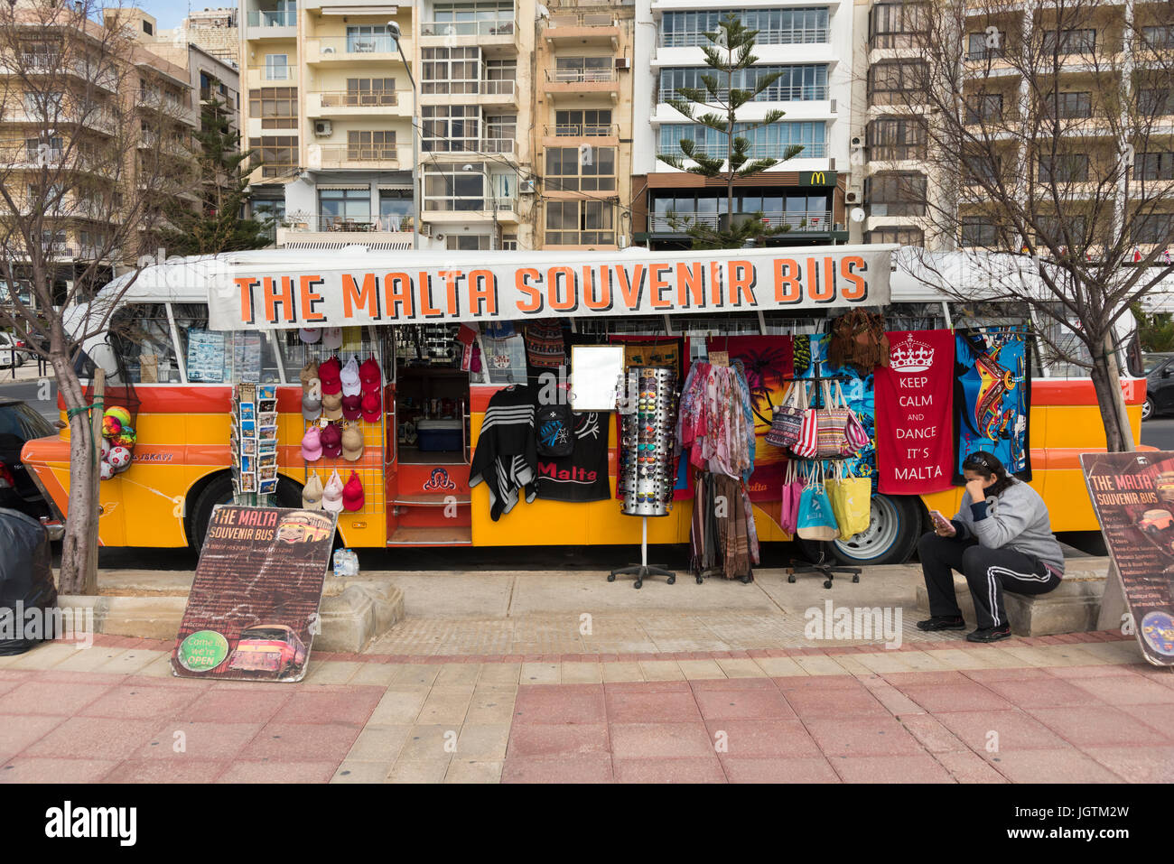 The Malta souvenir bus, a bus converted into a shop selling tourist gifts and souvenirs in Valetta Malta Stock Photo