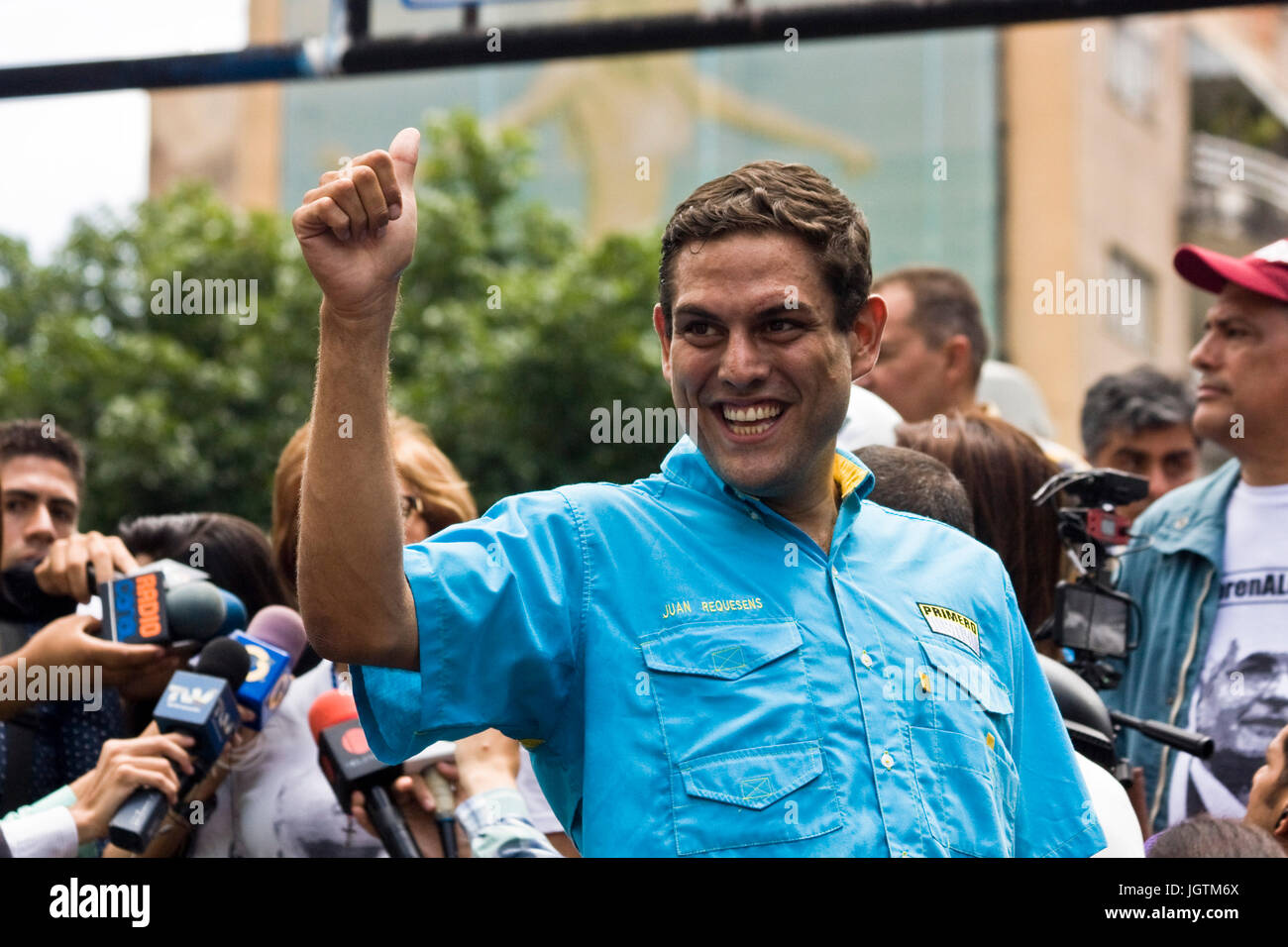 The deputy Juan Requesens, member of the National Assembly of Venezuela, during a protest against the government of Nicolás Maduro. Stock Photo