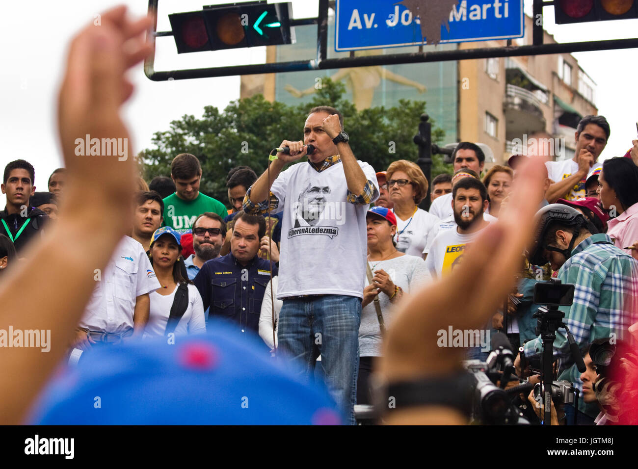 Richard Blanco, deputy of the National Assembly of Venezuela, gives a speech during a demonstration against the government of Nicolás Maduro. Stock Photo