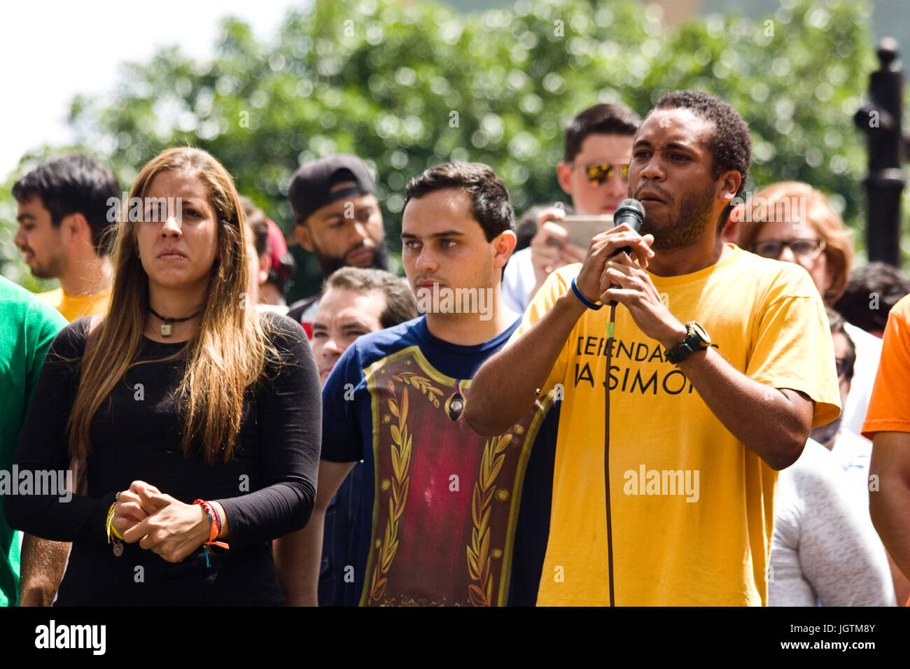 A member of the venezuelan students movement gives a speech during a protest against the government of Nicolás Maduro. Stock Photo