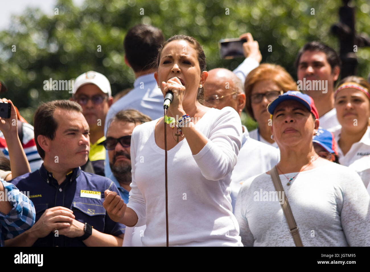 María Corina Machado, a political leader in the venezuelan opposition, gives a speech during a protest against the government of Nicolás Maduro. Stock Photo