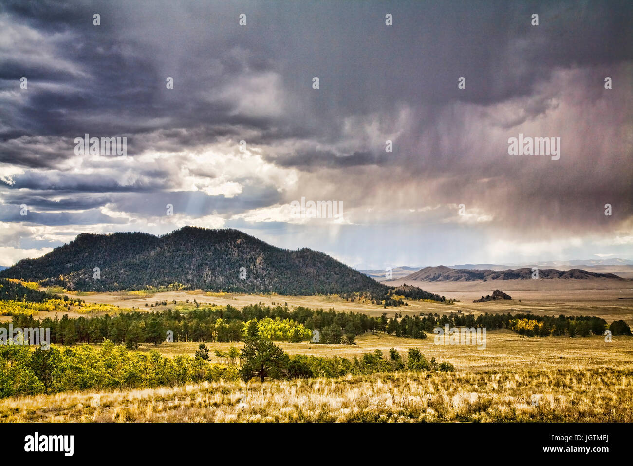 A passing rain storm overlooking Spinney State Recreation area, Colorado Stock Photo