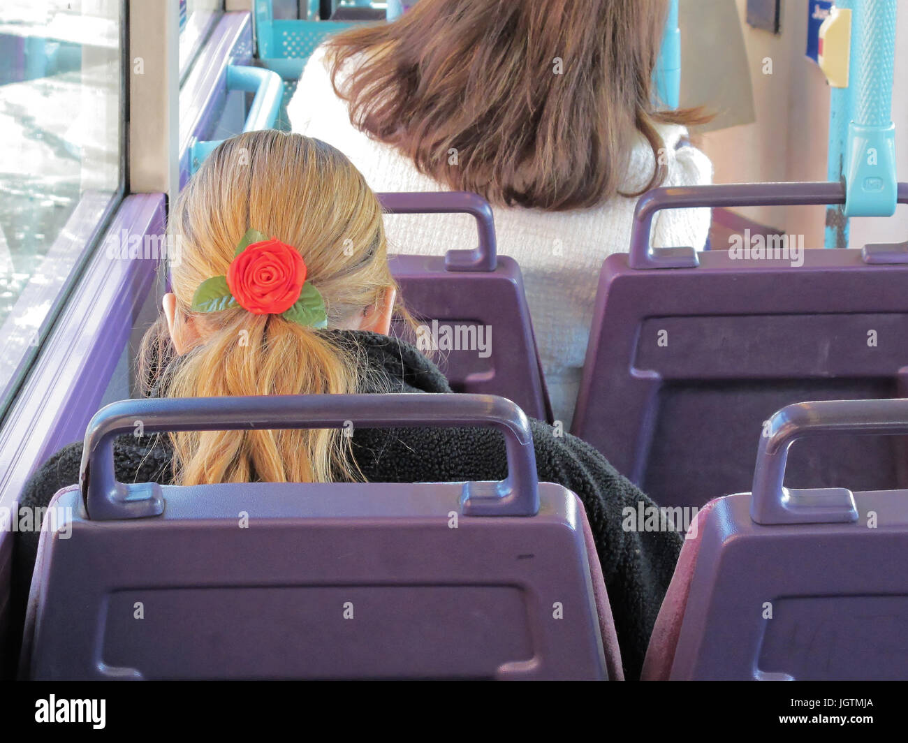 the back of the head with a rose hairband blonde hair girl woman empty bus public transport seats Stock Photo